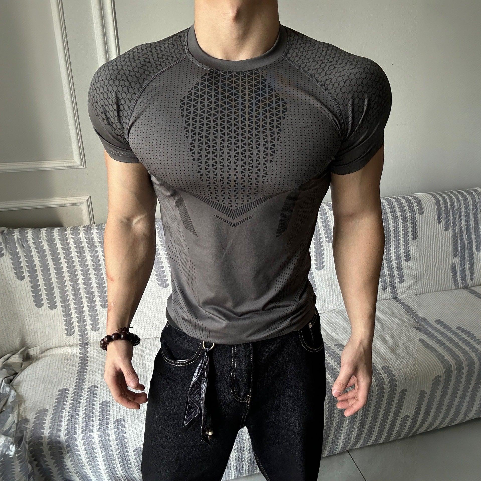 T-shirt fitness slim homme - Haut sport manches courtes respirant stretch