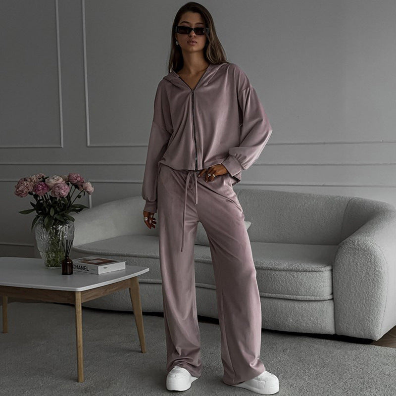 Casual Autumn Women's Set Solid Color Long Sleeve Cardigan Hoodie and Sport Pants Two-Piece Set