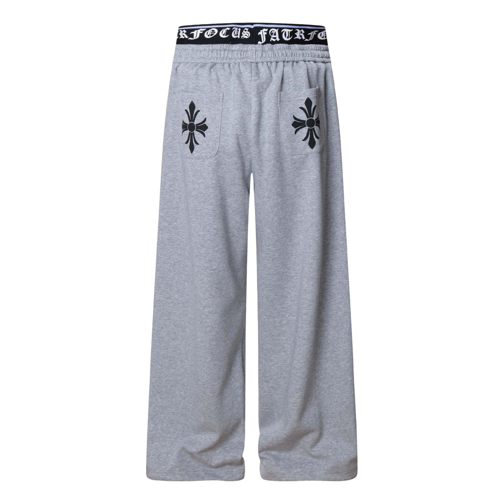 Retro Spliced Two-Piece Cross Embroidery Casual Pants Unisex Loose Wide-Leg Sport Pants
