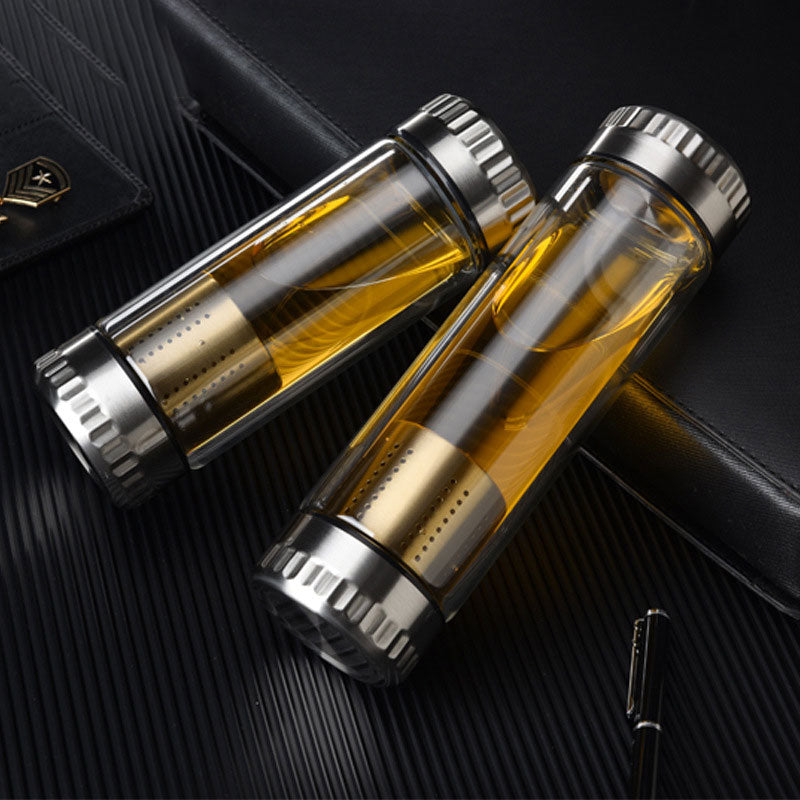 400 ml Wasserflasche für Geschäftsleute, Glasflasche mit Teefilter aus Edelstahl, doppelwandiger Sport-Trinkbecher aus Glas
