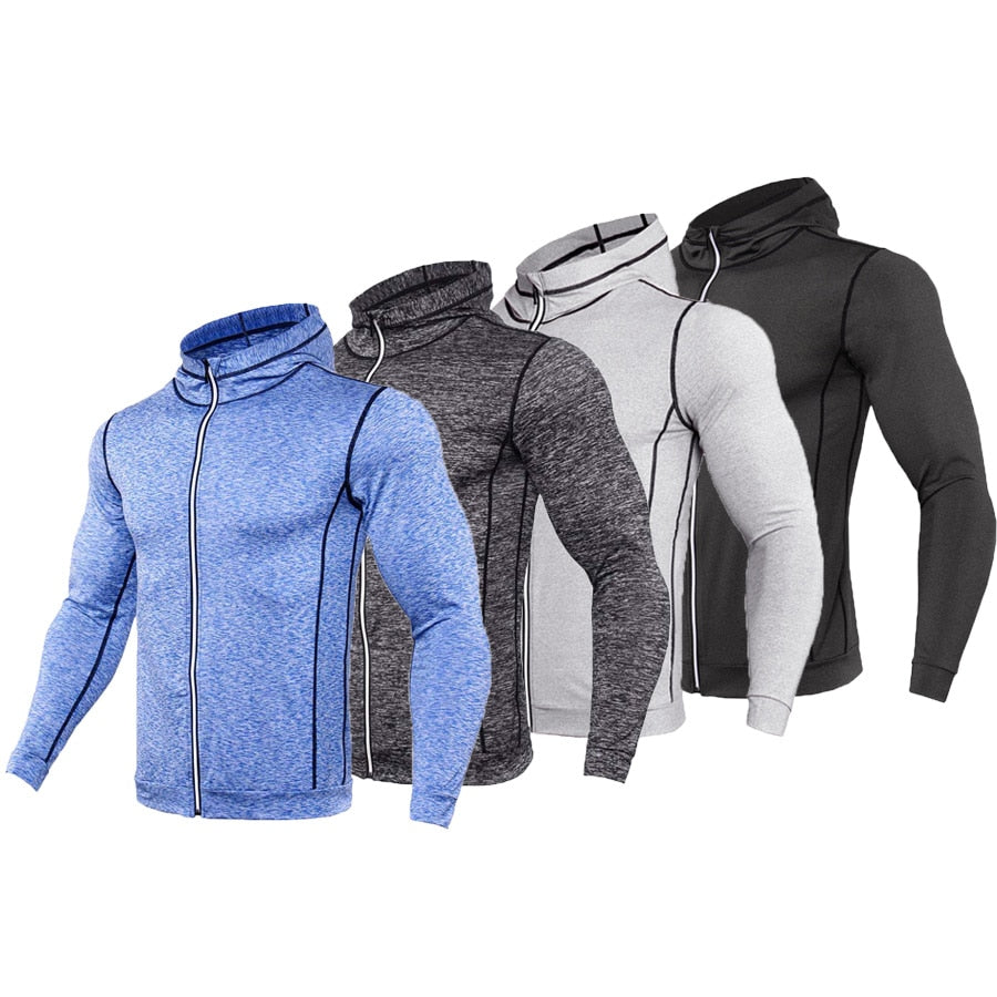 T-shirt running zippé à capuche homme - Haut compression manches longues gym fitness