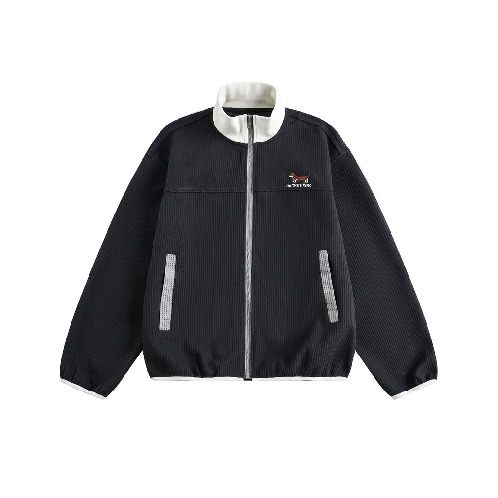 Color-blocked Stand-up Collar Casual Sport Hoodie Cardigan