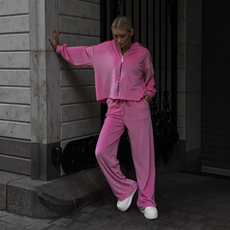 Casual Autumn Women's Set Solid Color Long Sleeve Cardigan Hoodie and Sport Pants Two-Piece Set