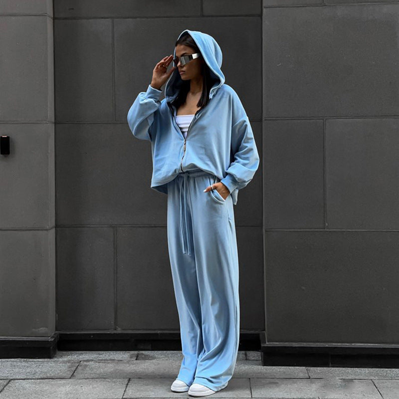Casual Autumn Women's Set Solid Color Long Sleeve Cardigan Hoodie and Sport Pants Two-Piece Set