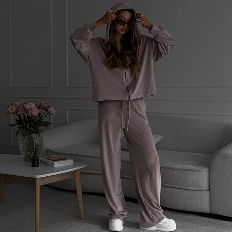 Casual Autumn Women's Set Solid Color Long Sleeve Cardigan Hoodie and Sport Pants Two-Piece Set