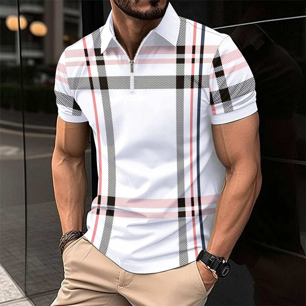 Printed checkered striped polo shirt with zipper and sport polo shirt
