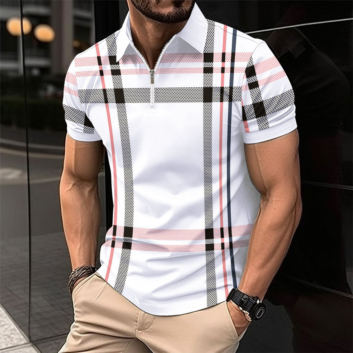 Printed checkered striped polo shirt with zipper and sport polo shirt