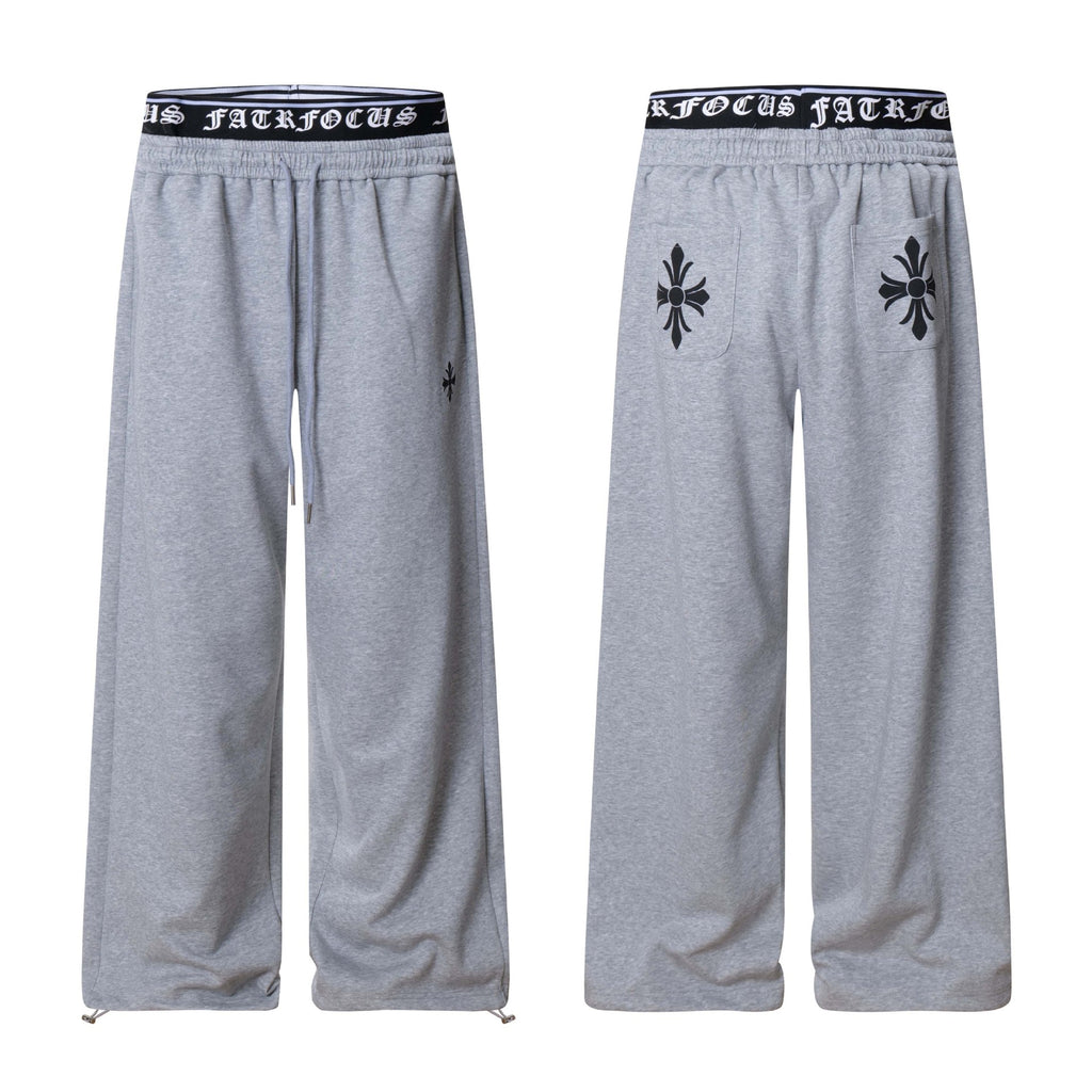 Retro Spliced Two-Piece Cross Embroidery Casual Pants Unisex Loose Wide-Leg Sport Pants