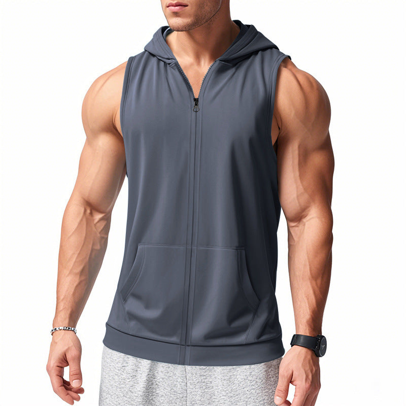 Casual Men's Sleeveless Hooded Zipper Solid Color Pocket Breathable Fitness Sport Vest