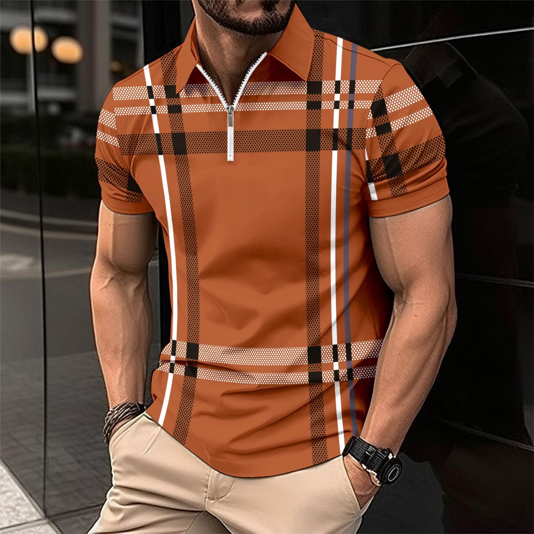 Printed checkered striped polo shirt with zipper and sport polo shirt