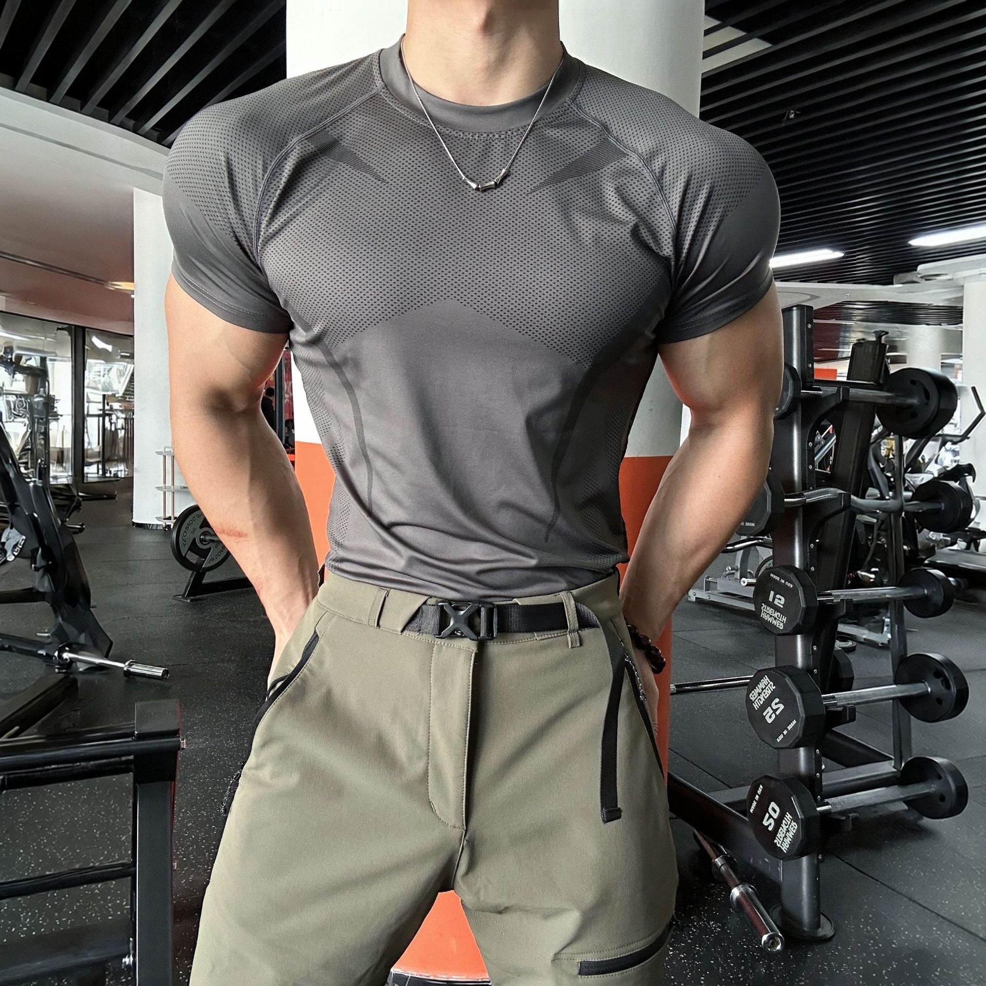 T-shirt fitness slim homme - Haut sport manches courtes respirant stretch