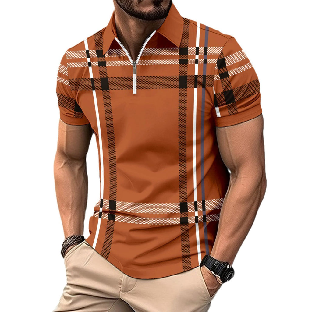 Printed checkered striped polo shirt with zipper and sport polo shirt