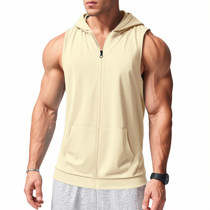 Casual Men's Sleeveless Hooded Zipper Solid Color Pocket Breathable Fitness Sport Vest