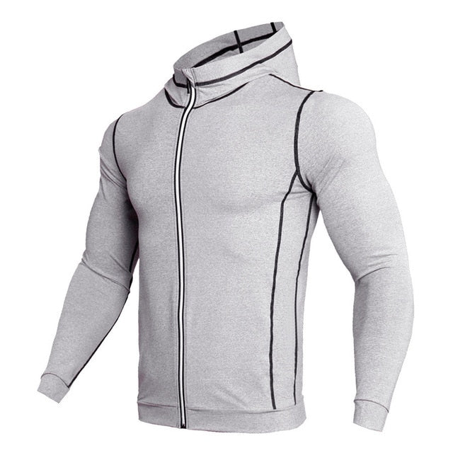 T-shirt running zippé à capuche homme - Haut compression manches longues gym fitness