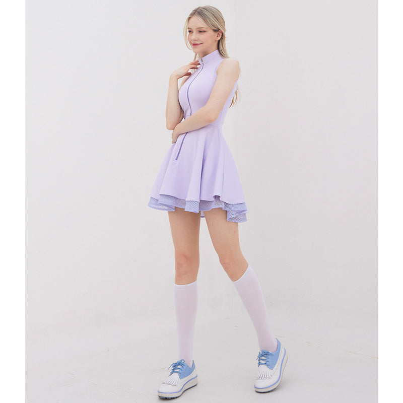 Sleeveless Zipper Tennis Outdoor Sport Dress, Fitted Waist, Breathable Moisture-Wicking Fitness Sport Tiered Mini Dress