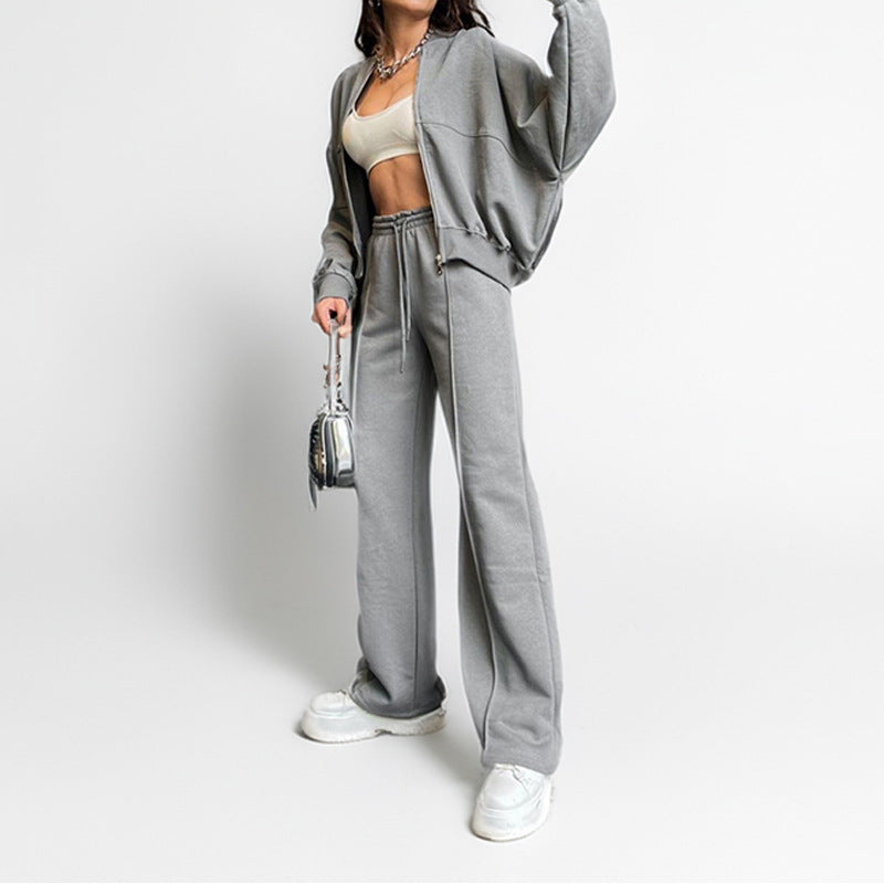 Solid Color Loose Tie-Waist Hoodie Sport Set Pants Outfit