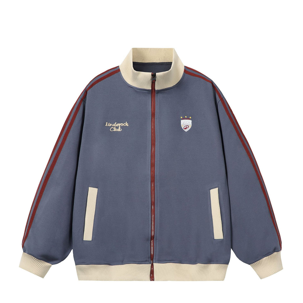 Letter Embroidery Color-Blocked Stripe Casual Sport Cardigan Hoodie