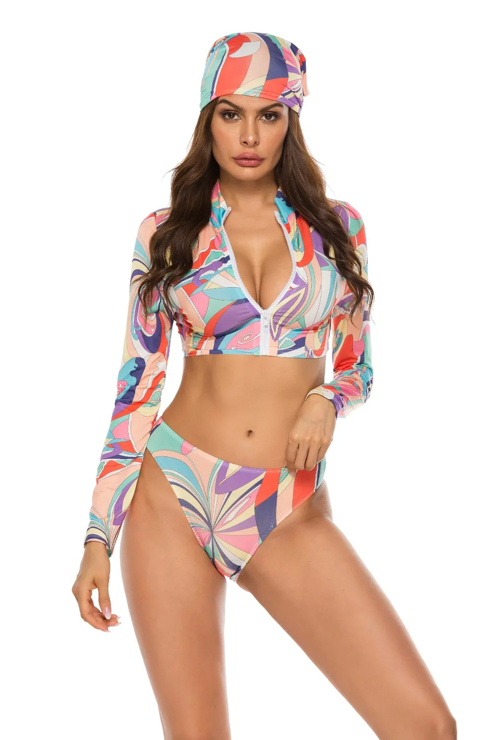 Ensemble natation femme 3 pièces zippé imprimé