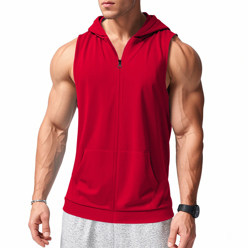Casual Men's Sleeveless Hooded Zipper Solid Color Pocket Breathable Fitness Sport Vest