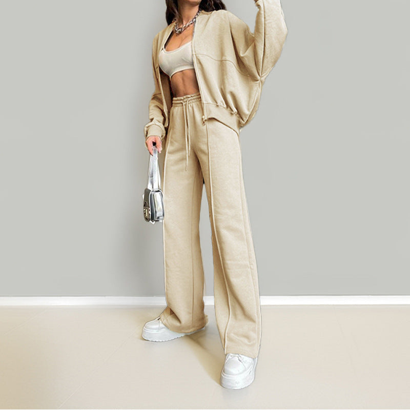 Solid Color Loose Tie-Waist Hoodie Sport Set Pants Outfit
