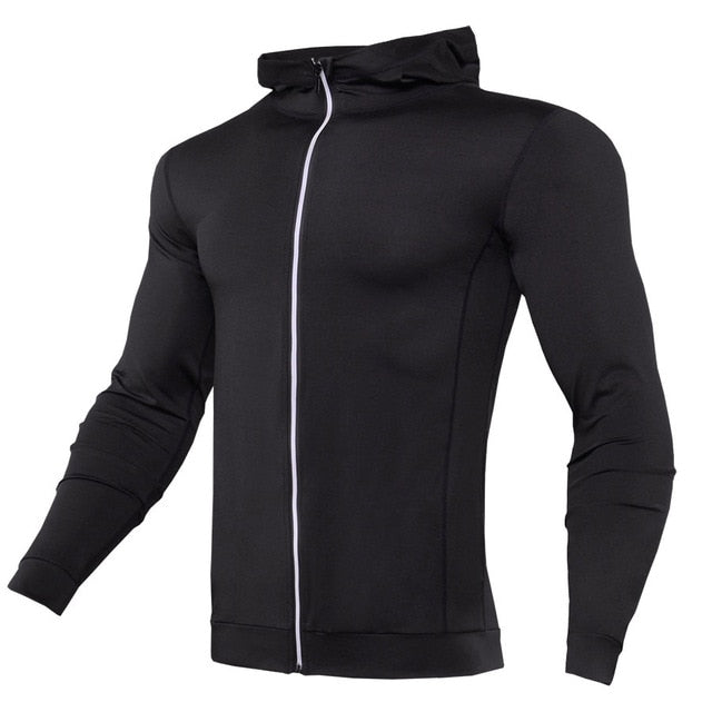 T-shirt running zippé à capuche homme - Haut compression manches longues gym fitness