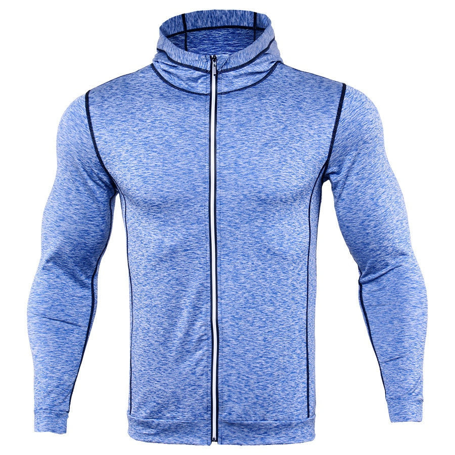 T-shirt running zippé à capuche homme - Haut compression manches longues gym fitness