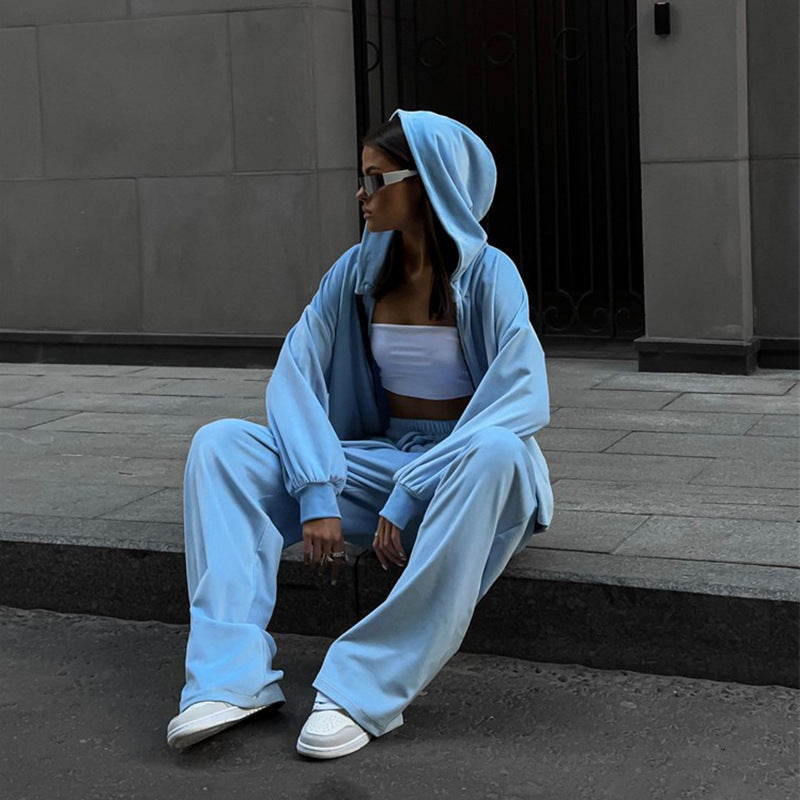 Casual Autumn Women's Set Solid Color Long Sleeve Cardigan Hoodie and Sport Pants Two-Piece Set